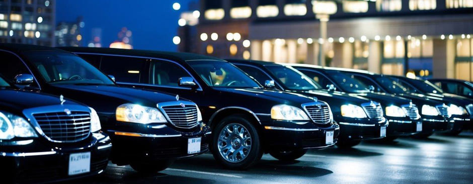 A row of sleek, black limousines parked in front of a luxury hotel, reflecting the glimmering city lights at night