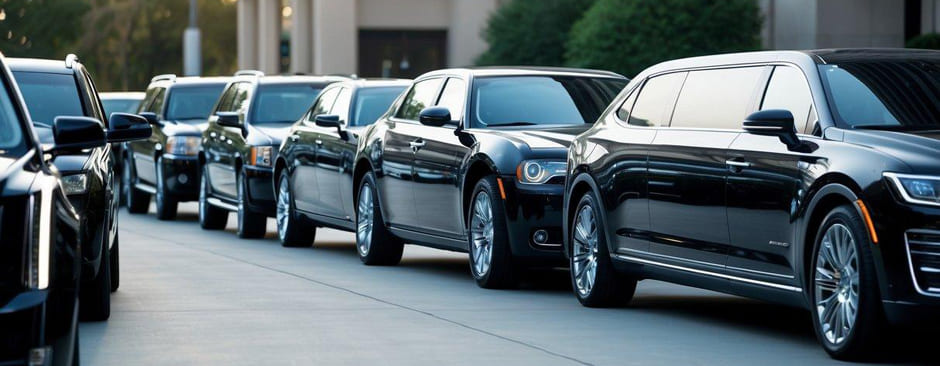 A row of sleek, luxurious vehicles lined up, ranging from classic stretch limos to modern SUV limousines, each exuding elegance and style