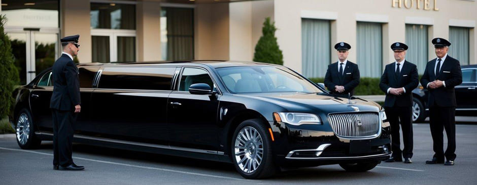 A sleek, black limousine parked in front of a luxurious hotel, surrounded by a team of security guards and a valet