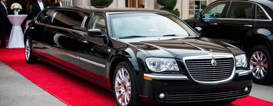 A sleek black limousine parked outside a grand event venue, surrounded by a red carpet and elegant decor